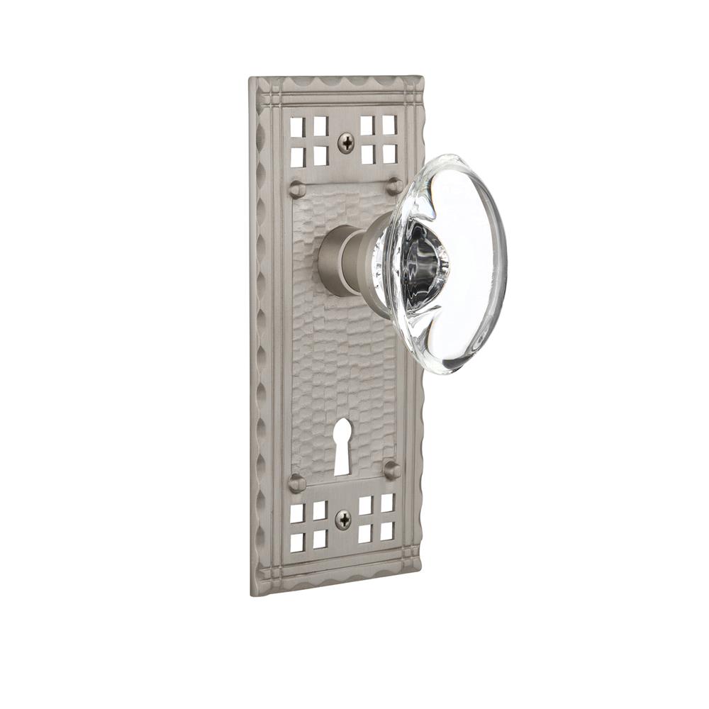 Nostalgic Warehouse CRAOCC Passage Knob Craftsman Plate with Oval Clear Crystal Knob and Keyhole in Satin Nickel